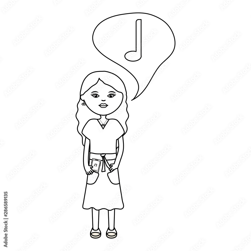 woman with smartphone and music note in speech bubble woman with smartphone and music note in speech bubble