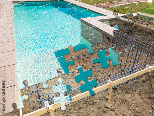 Puzzle Pieces Fitting Together Revealing Finished Pool Build Over Construction