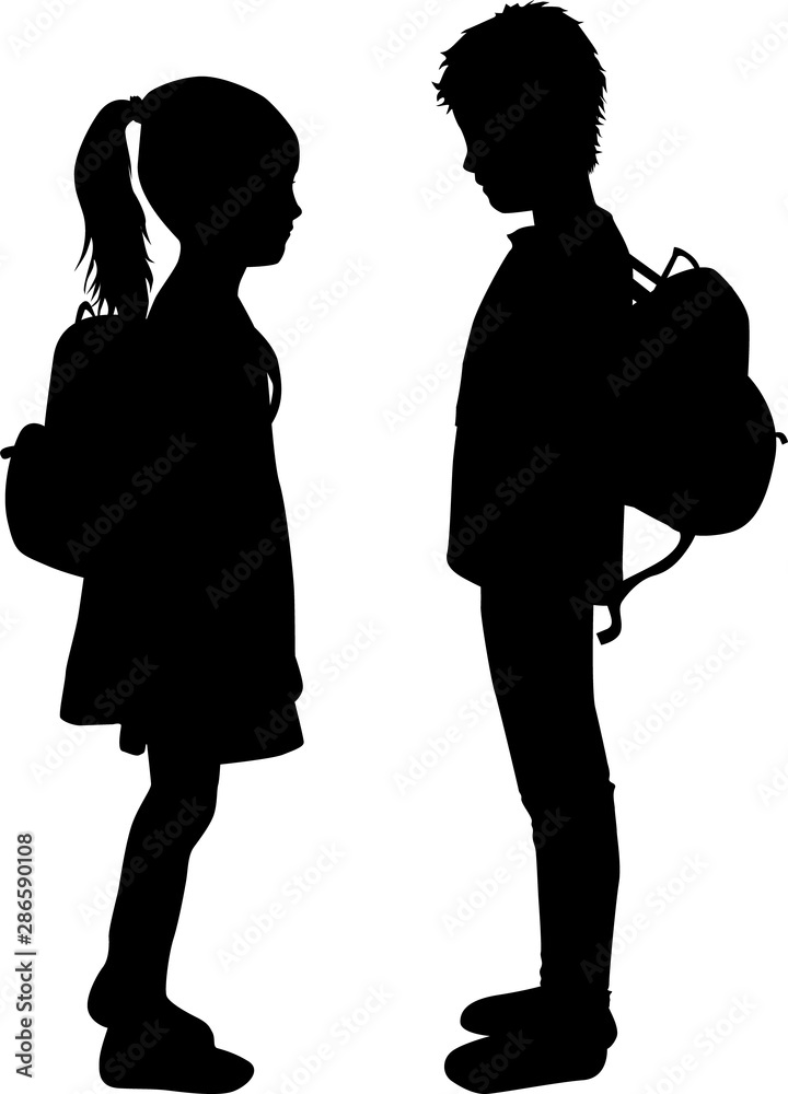 Silhouette of a child with a backpack .