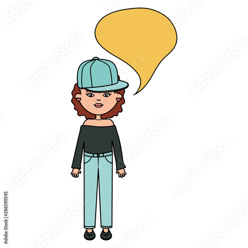 cute woman with sport cap and speech bubble