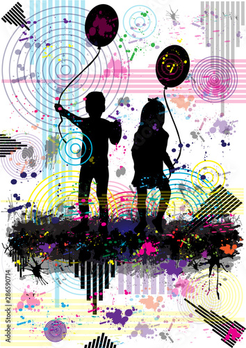 Vector silhouette of children.Abstract background.