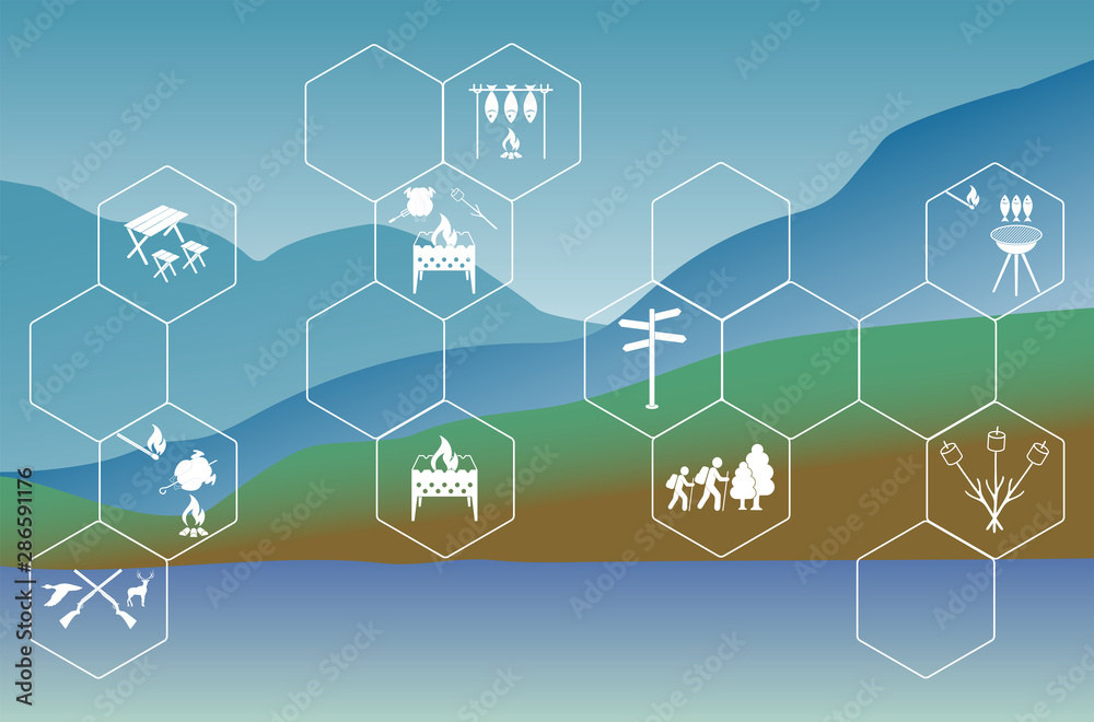 Poster with Set of travel and camping equipment icons Poster with Set of travel and camping equipment icons