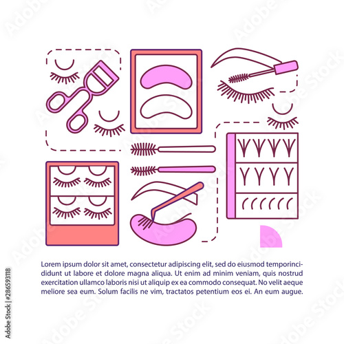 Lash extension article page vector template. False eyelashes. Brochure, magazine, booklet design element with linear icons and text boxes. Print design. Concept illustrations with text space