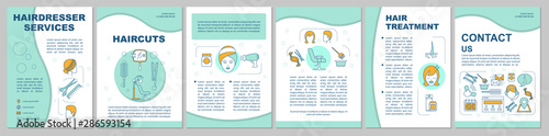 Hairdresser services brochure template layout. Hair styling flyer, booklet, leaflet print design with linear illustrations. Vector page layouts for magazines, annual reports, advertising posters
