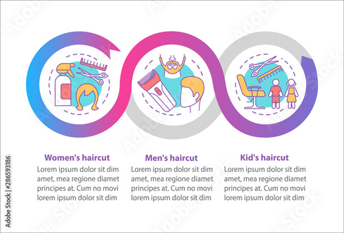 Hairdresser salon haircut vector infographic template. Business presentation design elements. Data visualization with three steps and options. Process timeline chart. Workflow layout with linear icons