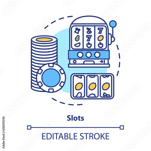 Slots concept icon. One armed bandit, slot machine idea thin line illustration. Online gambling. Lucky seven, fruit spins. Roulette. Vector isolated outline drawing. Editable stroke