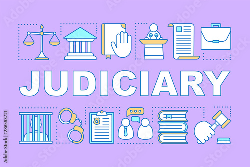 Judiciary word concepts banner. Judicial system. Criminal court. Offender punishment. Presentation, website. Isolated lettering typography idea with linear icons. Vector outline illustration