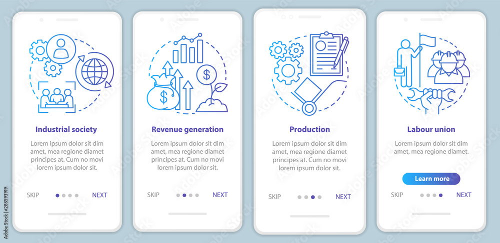 Production process blue onboarding mobile app page screen vector template. Industrial society, labour union. Walkthrough website steps with linear icons. UX, UI, GUI smartphone interface concept