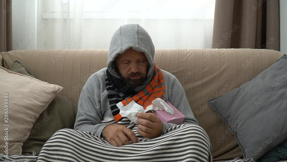 Influenza Virus Infected Young Man He Sits At Home Having Wrapped In