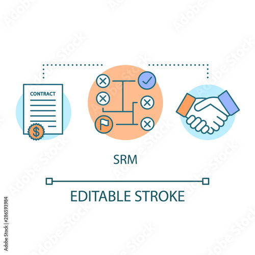 SRM concept icon. Supplier relationship management idea thin line illustration. Planning and managing. Partnership and company management. Vector isolated outline drawing. Editable stroke