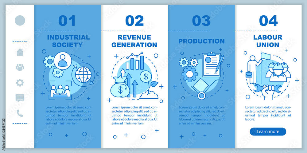 Production process onboarding mobile web pages vector template. Industrial society. Responsive smartphone website interface idea with linear icons. Webpage walkthrough step screens. Color concept