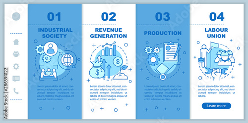 Production process onboarding mobile web pages vector template. Industrial society. Responsive smartphone website interface idea with linear icons. Webpage walkthrough step screens. Color concept