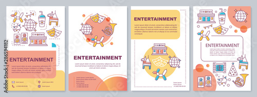 Entertainment industry template layout. Cinema, music and events. Flyer, booklet, leaflet print design with linear illustrations. Vector page layouts for magazines, annual reports, advertising posters