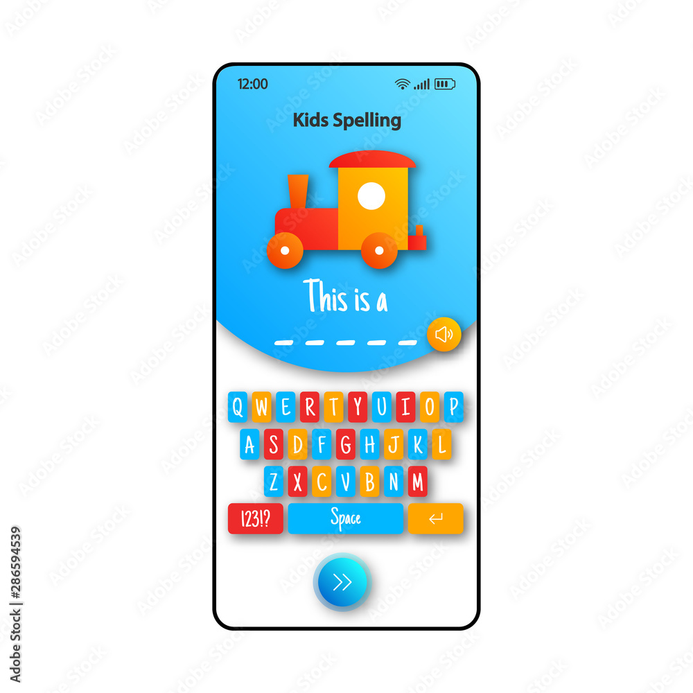Kids spelling game smartphone interface vector template. Mobile app
