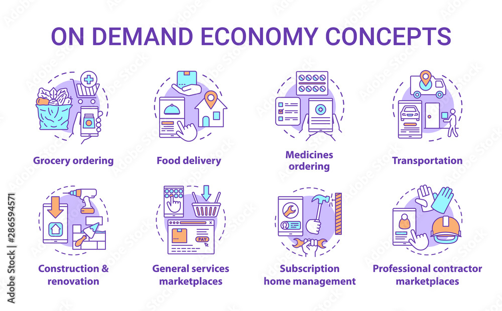 On demand economy concept icons set. Commercial services industry idea thin line illustrations. E commerce, modern business. Online marketplace app vector isolated outline drawings. Editable stroke