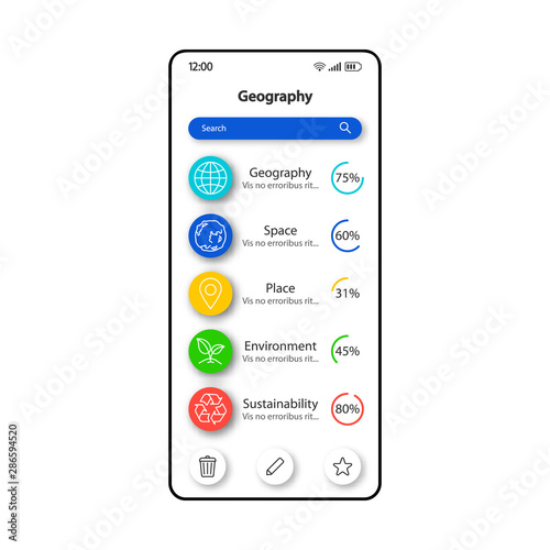 Geography smartphone interface vector template. Mobile app page white design layout. Self-study materials screen. Flat UI for application. School subjects, nature study progress phone display