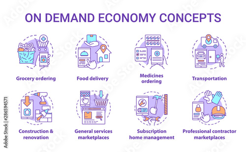 On demand economy concept icons set. Commercial services industry idea thin line illustrations. E commerce, modern business. Online marketplace app vector isolated outline drawings. Editable stroke