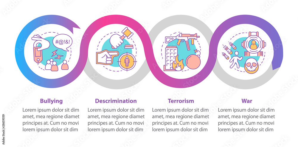 Social violence vector infographic template. Bullying, discrimination, terrorism, war. Data visualization with four steps and options. Process timeline chart. Workflow layout with linear icons Social violence vector infographic template. Bullying, discrimination, terrorism, war. Data visualization with four steps and options. Process timeline chart. Workflow layout with linear icons