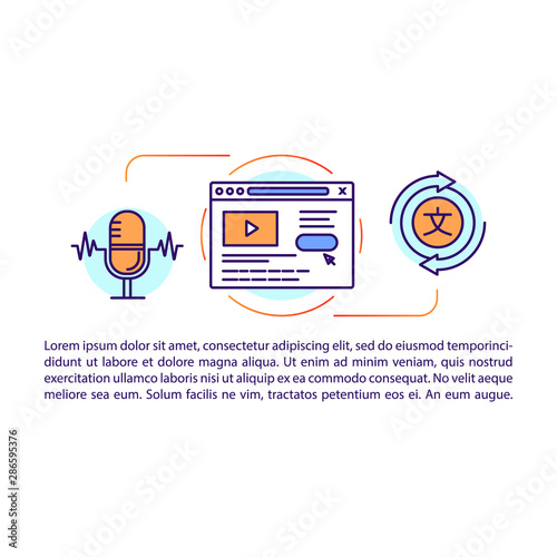 Audio and speech translation article page vector template. Online translator. Brochure, magazine, booklet element with linear icons and text boxes. Print design. Concept illustrations with text space