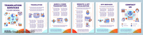 Translation services brochure template layout. Audio transcription. Flyer, booklet, leaflet print design with linear illustrations. Vector page layouts for magazines, reports, advertising posters