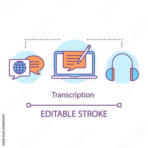 Translation services concept icon. Audio transcription idea thin line illustration. Writing down speech, recording conversation on paper, text file. Vector isolated outline drawing. Editable stroke