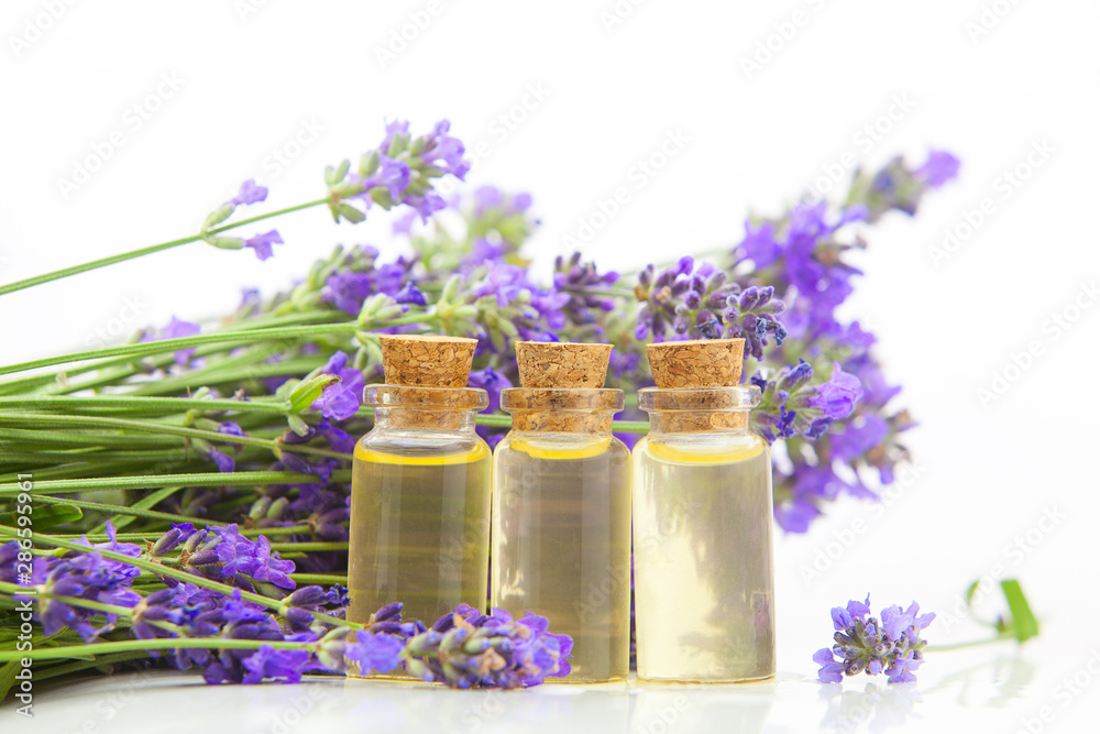 lavender essential oil in beautiful bottle on White background lavender essential oil in beautiful bottle on White background