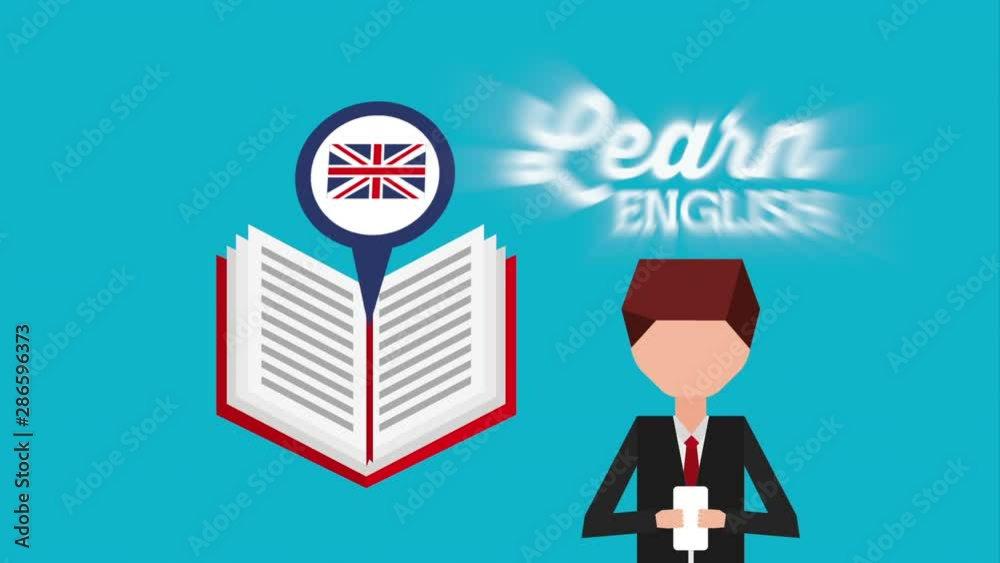 man character with learn english animation
