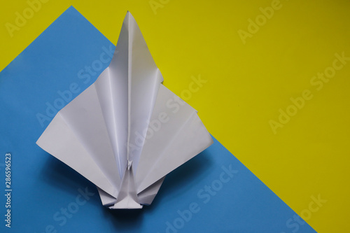 Origami paper bird on color background