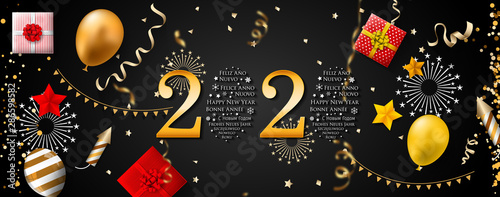 2020 New Year in Different Languages (Bonne Année, Frohes Neues Jahr, Feliz Año Nuevo, С Новым Годом, and Szczęśliwego Nowego Roku). Happy New Year greeting card. 2020 Happy New Year background.