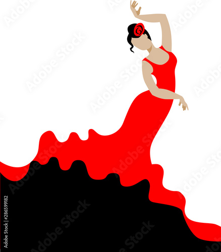 Slender woman in a red dress dancing flamenco. Vector illustration.