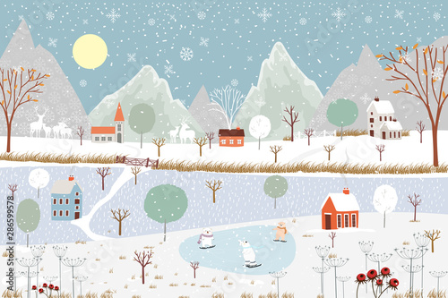 Panoramic of winter landscape,Vector of horizontal banner of winter wonderland at countryside with snow covering,house,moutain,tree and polar bear playing ice skates,Merry Christmas background