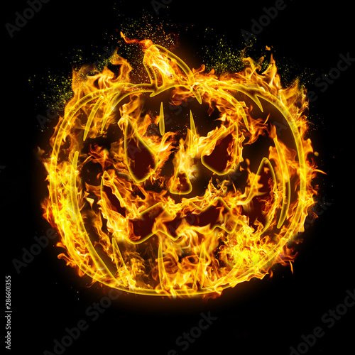 Pumpkin. Fire flames on black isolated background  realistick fire effect with sparks