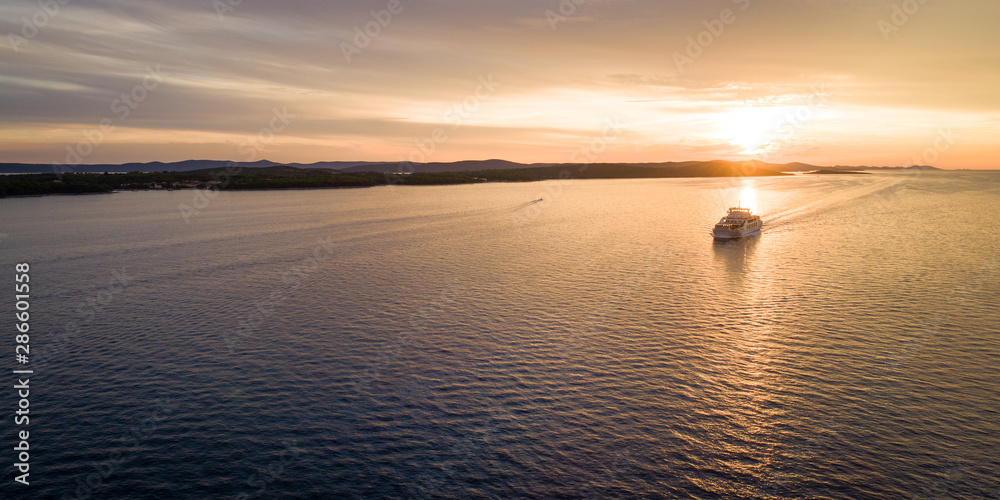 Aerial view of car ferry near Zadar at sunset, Croatia