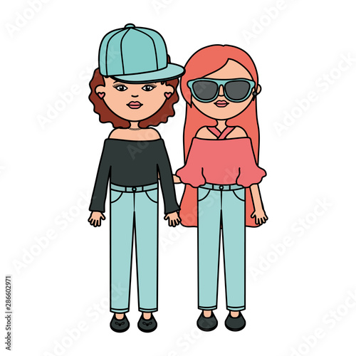 cute girls with sport cap and sunglasses characters