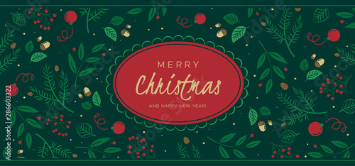 Christmas background with pine branches, berries, cones. Unique holiday design, for banner, poster or invitation