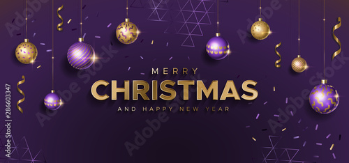 Christmas background with gold and purple balls. Unique design for banner, poster or invitation