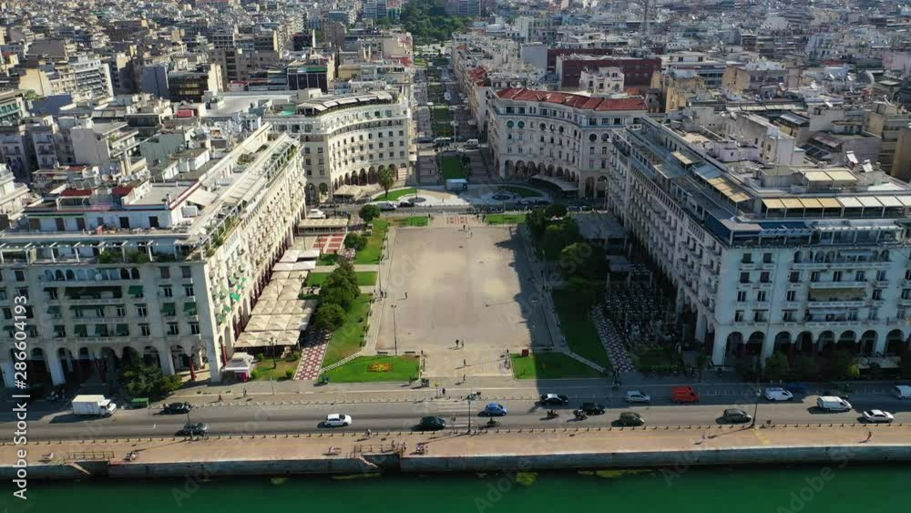 Aerial drone video of iconic landmark Aristotelous square in the heart of Thessaloniki or Salonica, North Greece Aerial drone video of iconic landmark Aristotelous square in the heart of Thessaloniki or Salonica, North Greece