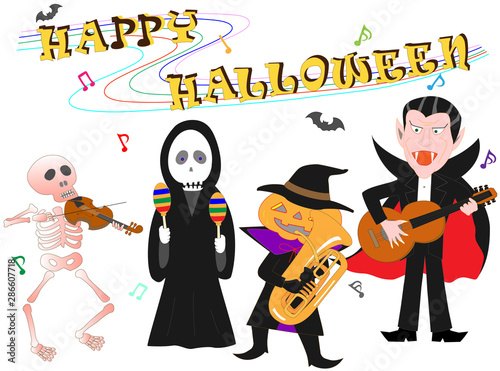 ハロウィンの日に楽器を演奏しているキャラクターたち。