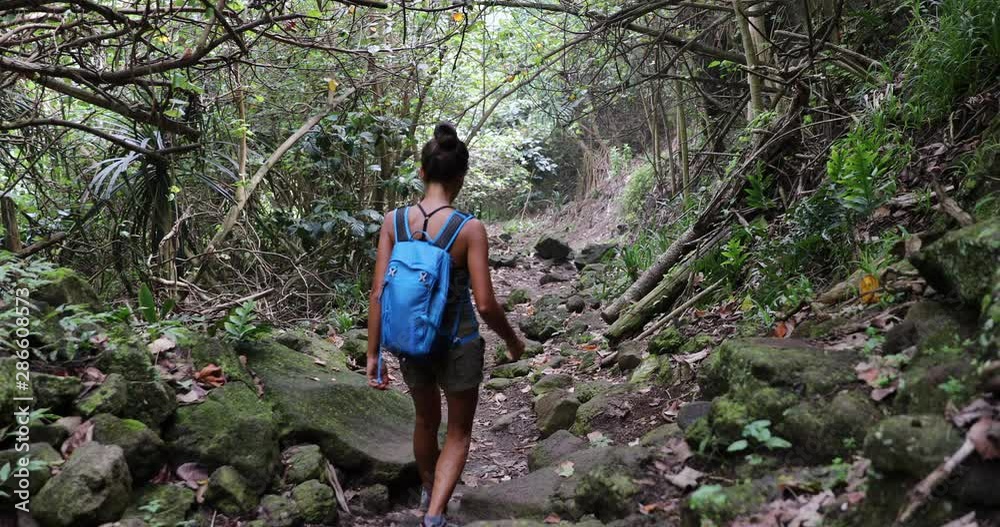 Hawaii travel tourist hiking in rainforest in the rain on Pololu Valley hike, Big Island, Hawaii. Girl hiking with backpack in summer vacation.
