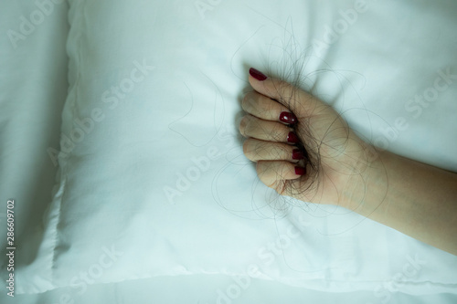 Hair loss, hair fall everyday serious problem,hair loss problem on hand isolated on white background,women have Hair in hand on Pillow.with copy space.