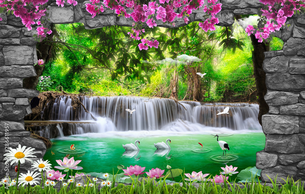 3d nature wallpaper and stone arch waterfall Stock Photo | Adobe Stock