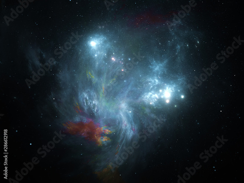 Vast interstellar deep space, starfield, stars and space dust scattered throughout the universe. Cosmic artwork. Distant swirling galaxies, glowing nebula cloud, astral artwork.