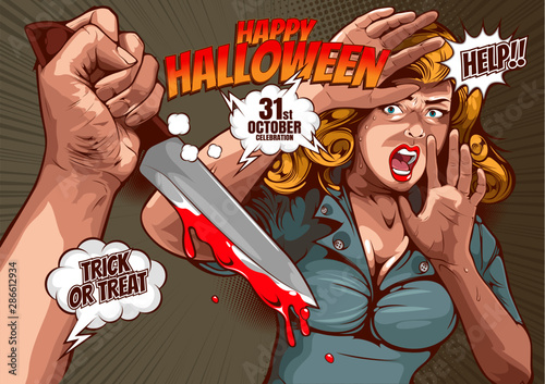 happy halloween cover template background, horror comic, picture hand holding a knife and woman in very shocked fear, and speech bubbles, doodle art, Vector illustration.