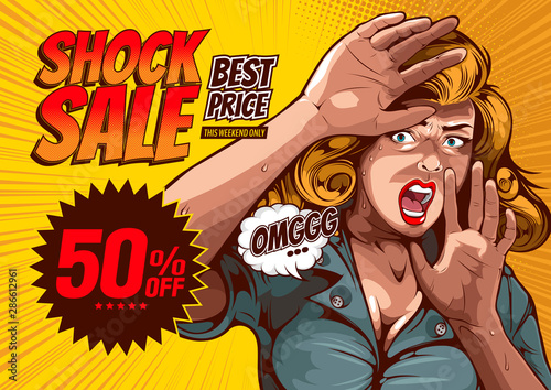 shock sale, The image of a woman lifting her hand, protecting herself and having extreme fear, comic cover template on yellow background.