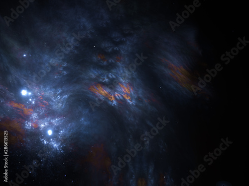 Fototapeta Naklejka Na Ścianę i Meble -  Vast interstellar deep space, starfield, stars and space dust scattered throughout the universe. Cosmic artwork. Distant swirling galaxies, glowing nebula cloud, astral artwork.