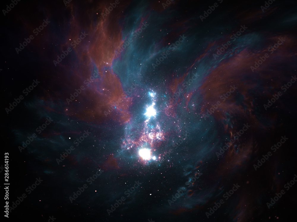 Fototapeta premium Vast interstellar deep space, starfield, stars and space dust scattered throughout the universe. Cosmic artwork. Distant swirling galaxies, glowing nebula cloud, astral artwork.