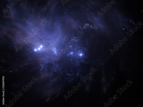 Vast interstellar deep space, starfield, stars and space dust scattered throughout the universe. Cosmic artwork. Distant swirling galaxies, glowing nebula cloud, astral artwork.