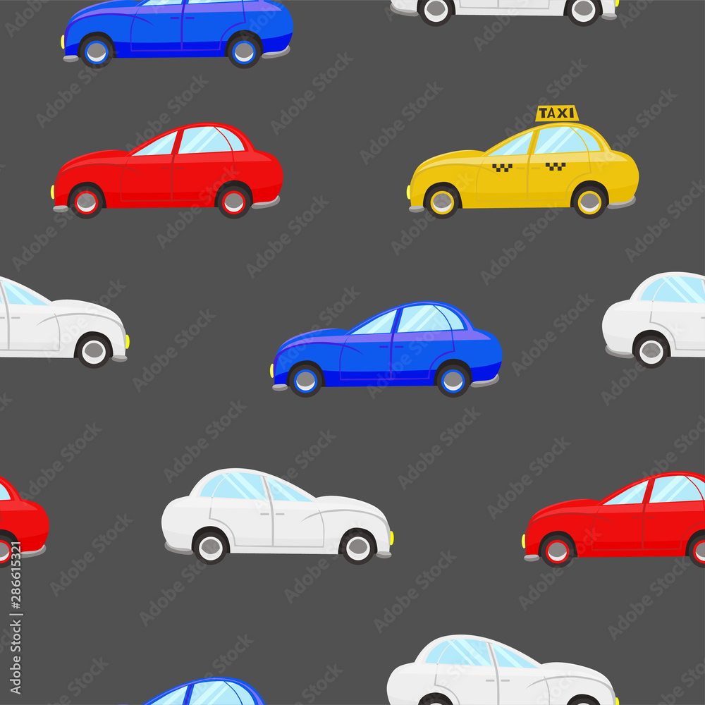 Seamless pattern with cars of different color. Vector graphics.