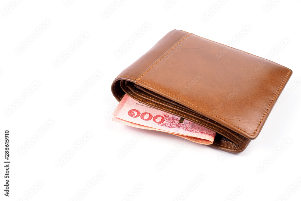 Brown wallet with money on white background Brown wallet with money on white background