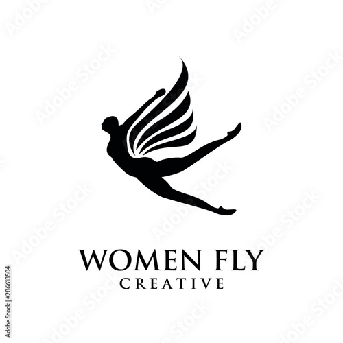 women fly angel logo, award, and wings with silhouette style